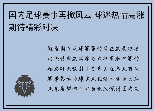 国内足球赛事再掀风云 球迷热情高涨期待精彩对决
