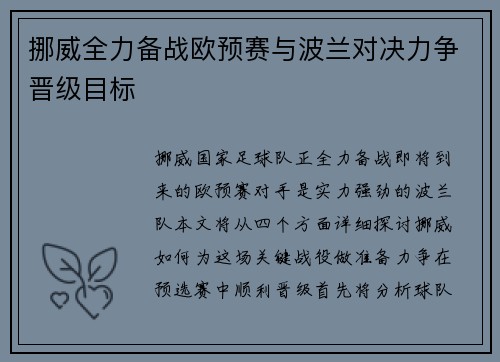 挪威全力备战欧预赛与波兰对决力争晋级目标