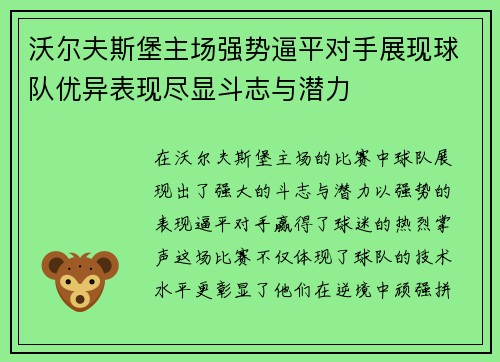 沃尔夫斯堡主场强势逼平对手展现球队优异表现尽显斗志与潜力