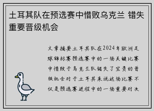 土耳其队在预选赛中惜败乌克兰 错失重要晋级机会