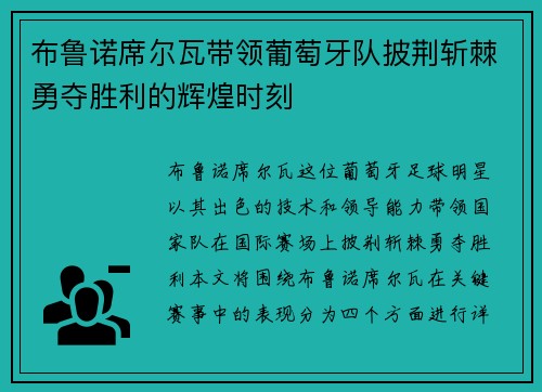 布鲁诺席尔瓦带领葡萄牙队披荆斩棘勇夺胜利的辉煌时刻
