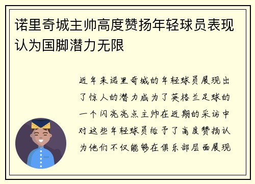 诺里奇城主帅高度赞扬年轻球员表现认为国脚潜力无限