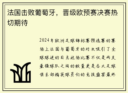 法国击败葡萄牙，晋级欧预赛决赛热切期待