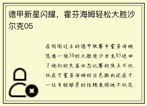 德甲新星闪耀，霍芬海姆轻松大胜沙尔克05