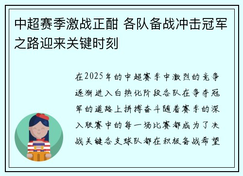 中超赛季激战正酣 各队备战冲击冠军之路迎来关键时刻